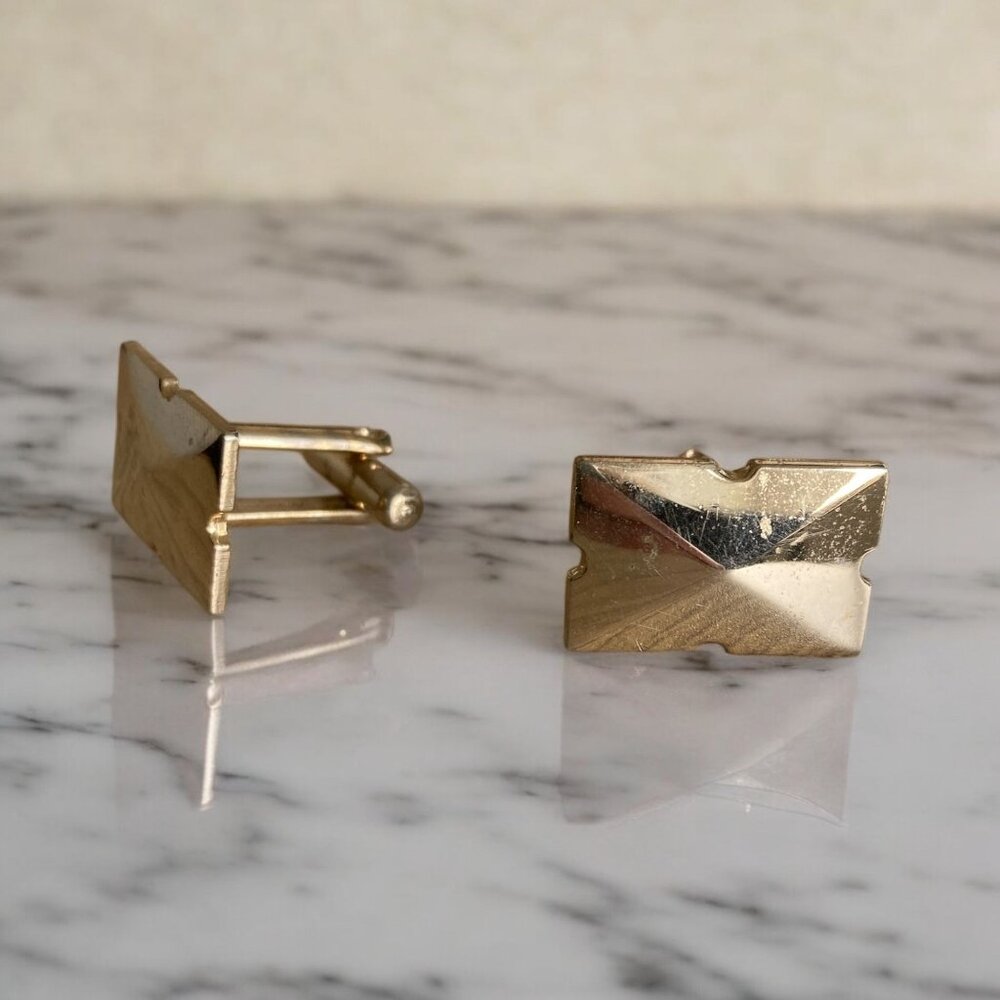 Vintage Razor Blade Gold Tone Cufflinks For Men Rectangular Bullet Back